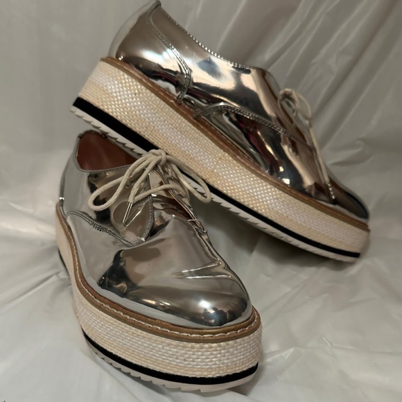 Zara Size 9 Metallic Silver Platform Oxford Brogues - Stunning Mirror Finish - Picture 10 of 11